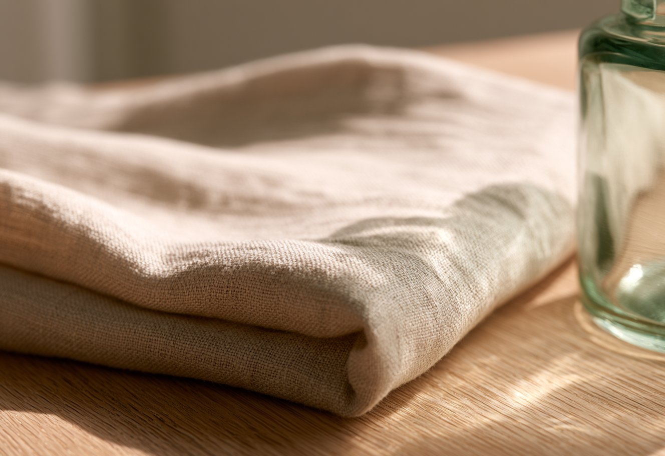Soft folded linen on a wooden surface, side light.
