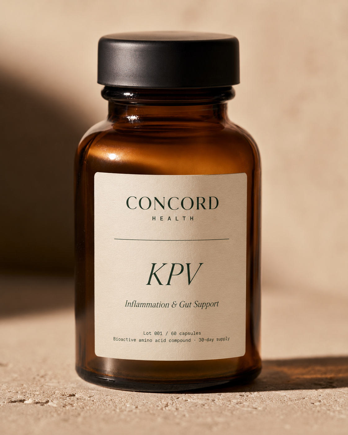 Concord Health KPV — an amber apothecary bottle of bioactive amino acid compound on a warm bone surface.